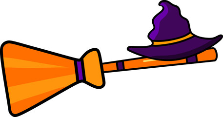 Vector illustration of a flying broomstick using a witch's hat, perfect for Halloween design and celebration materials, flyers, and cleaning products