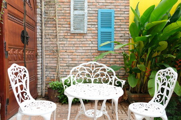 chairs and tables, brick, wall