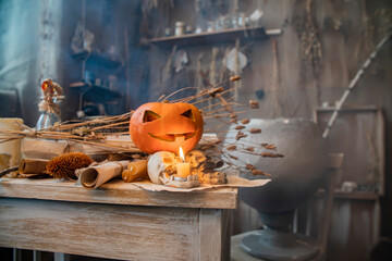 Halloween background with pumpkin in dark place