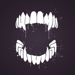 Vector Illustration Handdrawn Vampire Horror Teeth With Splatter Effects For Helloween. © Black White Mouse