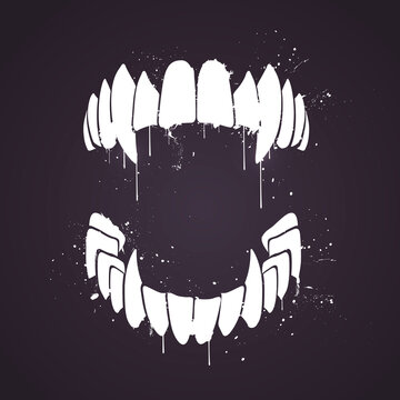 Vector Illustration Handdrawn Vampire Horror Teeth With Splatter Effects For Helloween.