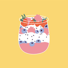 Vector illustration granola parfait with yogurt, oat granola, fresh berries, honey and nuts. Organic and healthy snack.