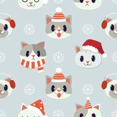 The seamless pattern of cute cat with winter accessories in flat vector style. illustation for background, pattern.
