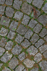 Abstract background of an old cobblestone street close-up.