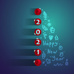 2021 new year banner with balls, fir and shadow and lettering. Christmas card for party, holiday design, decor. Vector illustration.