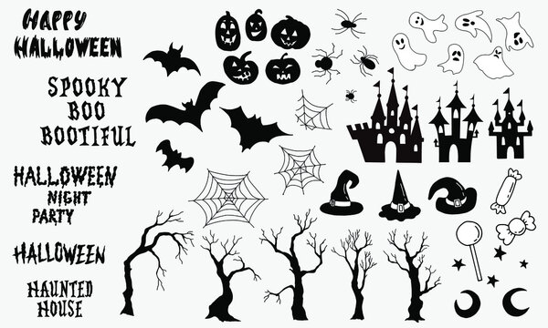Big Halloween set. Black and white pictures and lettering. White background, isolator.