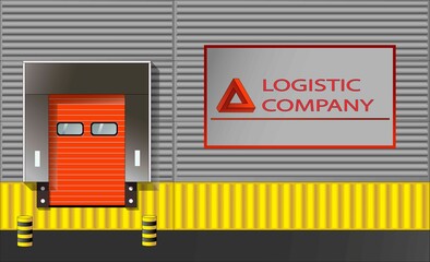 Warehouse building with loading gates, company sign outside.