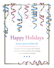 Vector silver and blue, pink serpentine, ribbon with silver and blue, pink dust confetti and lettering isolated on white background. Christmas card for party, holiday design, decor. Illustration.