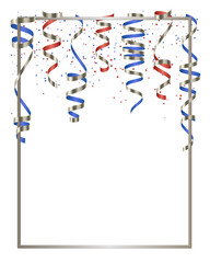 Vector silver and red, blue serpentine, ribbon with red and blue dust confetti isolated on white background. Christmas card for party, holiday design, decor. Vector illustration.