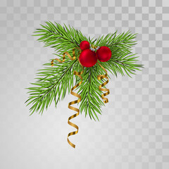 Happy Holidays poster. Banner with red ball, green branches of christmas tree, fir and gold ribbon, serpentine on the transparent background. Christmas design, decor. Vector illustration.