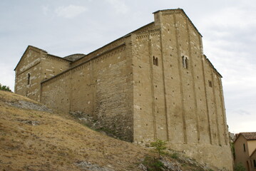 The facade of San Leo Cathedral in San Leo, Italy