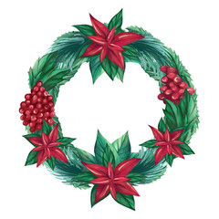 Elegant round Christmas wreath made of cranberry berries, twigs and Poinsettia flowers. Festive watercolor wreath