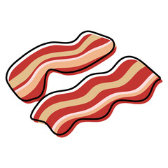 Two slices of wavy bacon on white background. Cartoony bacon strips roasted. Simplified, outline color filled vector illustration, isolated