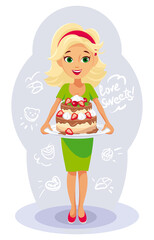 Young beautiful blond girl, holding a large cake decorated with chocolate, meringue and strawberries. Vector illustration, cartoon character