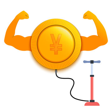 Strong yen currency showing big muscles. Inflating the coin by the pump on the stock market. Increase of the value of the digital gold. Vector cartoon illustration.