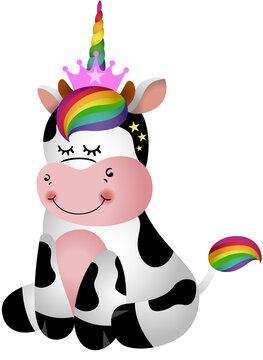 Cute cow sitting with unicorn horn