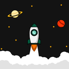 Vector illustration of a space rocket launch surrounded by planets. Perfect for Web pages, flyers, posters, brochure design templates. and others