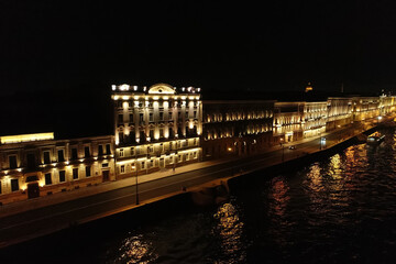 Aerial Townscape of Saint Petersburg City at Night. Central District