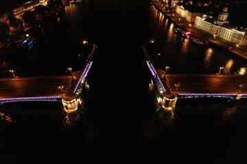 Aerial Townscape of Saint Petersburg City at Night. Palace Bridge