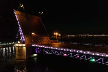 Plakat Aerial Townscape of Saint Petersburg City at Night. Palace Bridge
