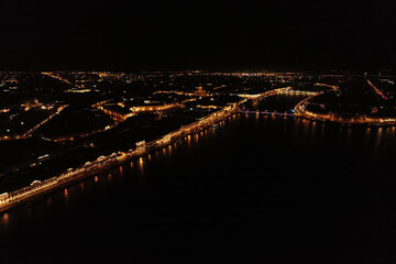 Aerial Townscape of Saint Petersburg City at Night. Palace Bridge