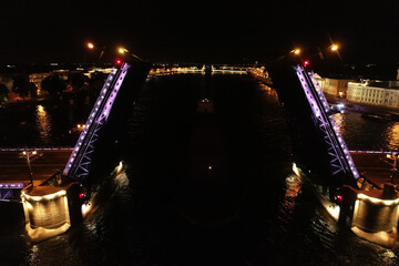 Fototapeta na wymiar Aerial Townscape of Saint Petersburg City at Night. Palace Bridge