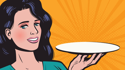 Young beautiful woman with empty tray. Presentation, promotion concept vector illustration