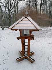 Moscow, Russia / January, 2020: Neskuchny sad. Wooden bird feeder