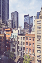 Retro stylized picture of New York diverse architecture, USA.