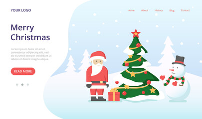 Web page template Merry Christmas with Santa Claus, snowman and tree. Flat vector illustration.