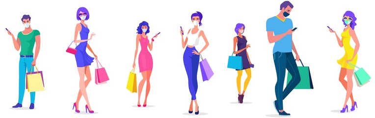 Social distance rules to prevent coronavirus outbreaks in shopping malls. People holding mobil phone and shopping bags. Online shopping. 2019-ncov