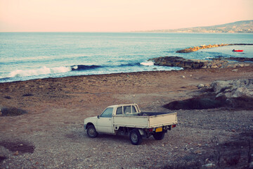 Pickup Truck on the beach, Paphos, Cyprus, Mediterranean Sea