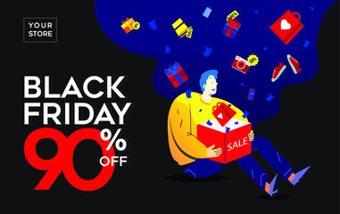 black friday banner or slider with a man excited expression seeing some items flying out of a sale box