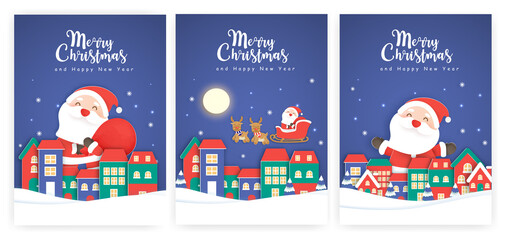 Set of Christmas cards  and new year greeting cards with a cute Santa clause in the snow village.