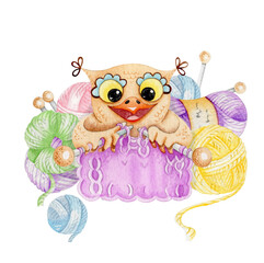Cute owl. Logo. Balls of thread. Knitting with yarn. Knitted clothes are a hobby. Hand knitting.