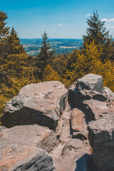 Lippe Velmerstot with memorial at Teutoburg Forest. Velmerstot hill top and view over landscape of Teutoburg Forest / Egge Hills Nature Park. North Rhine Westphalia, Germany