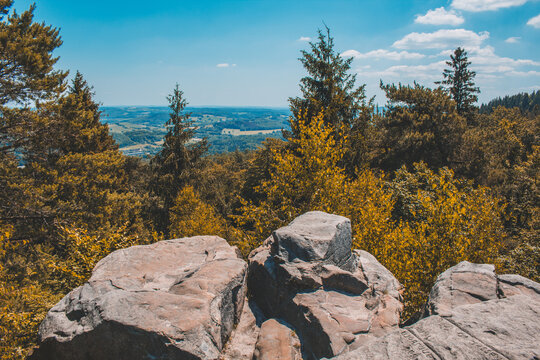 Lippe Velmerstot with memorial at Teutoburg Forest. Velmerstot hill top and view over landscape of Teutoburg Forest / Egge Hills Nature Park. North Rhine Westphalia, Germany