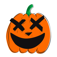 Cartoon pumpkin crosses instead of eyes. Smiling jack-o-lantern and crosses eyes. Funny pumpkin isolated illustration. Vector.