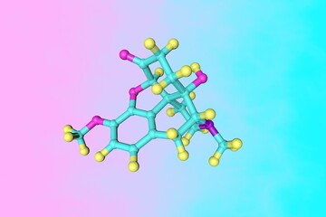 Molecular model of oxycodone, a semi-synthetic, morphine-like opioid used to help relieve moderate to severe pain. Scientific background. 3d illustration