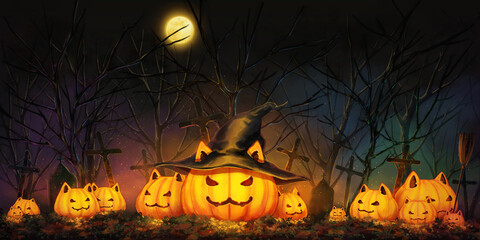 Halloween cat pumpkin in the night forest, 2D anime illustration.