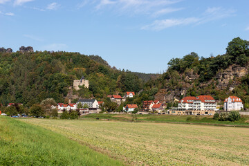 Fototapeta na wymiar View of Elbe river sides in Elbe Sandstone mountains, resort Rathen. Saxon Switzerland. Germany
