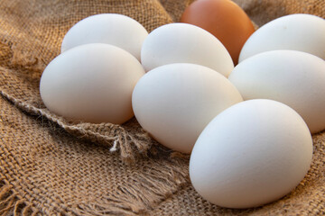 Organic raw chicken eggs on burlap cloth. Fresh chicken eggs.