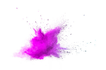Explosion of purple powder isolated on white background. 