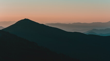 Ukrainian Carpathians, Montenegrin ridge, sunrise near the saddle of Montenegro, picturesque landscapes of Ukrainian mountains.