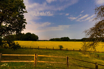 Nachtaufnahme von einer Landschaft mit Rapfsfeld und Zaun