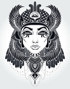 Hand-drawn vintage illustration of the ancient Cleopatra's head. Tattoo art, graphic, t-shirt design, postcard, poster design, coloring books,spirituality, occultism. Vector illustration.