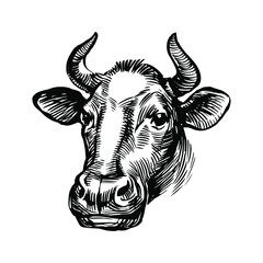 Cow head illustration. Farm animal with horns, black and white etching, vintage engraving. Hand drawn stock vector illustration isolated on white background.