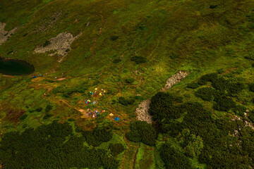 Carpathian lake Brebeneskul and rocky terrain near it, an attractive place for tourism, the highest lake of the Ukrainian Carpathians on the Montenegrin ridge.