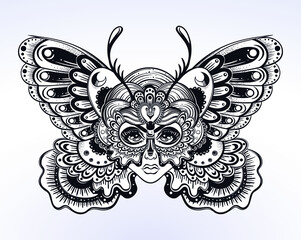 Beautiful portrait of the girl with butterfly wings in new old school style. Boho, tattoo, spirituality, poster, T-shirt print, character design. Vector illustration for commercial and personal use.
