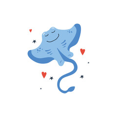 Vector handdrawn cute illustration of stingray or manta on white background with hearts and stars. Concept for kids design, cute cartoon character for children poster. Funny sea creature